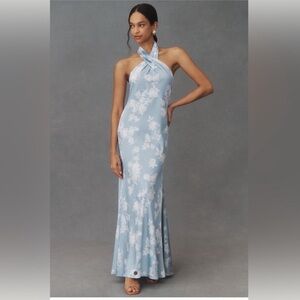 BHLDN Ruby Twist Halter Satin Gown Blue Floral NWT